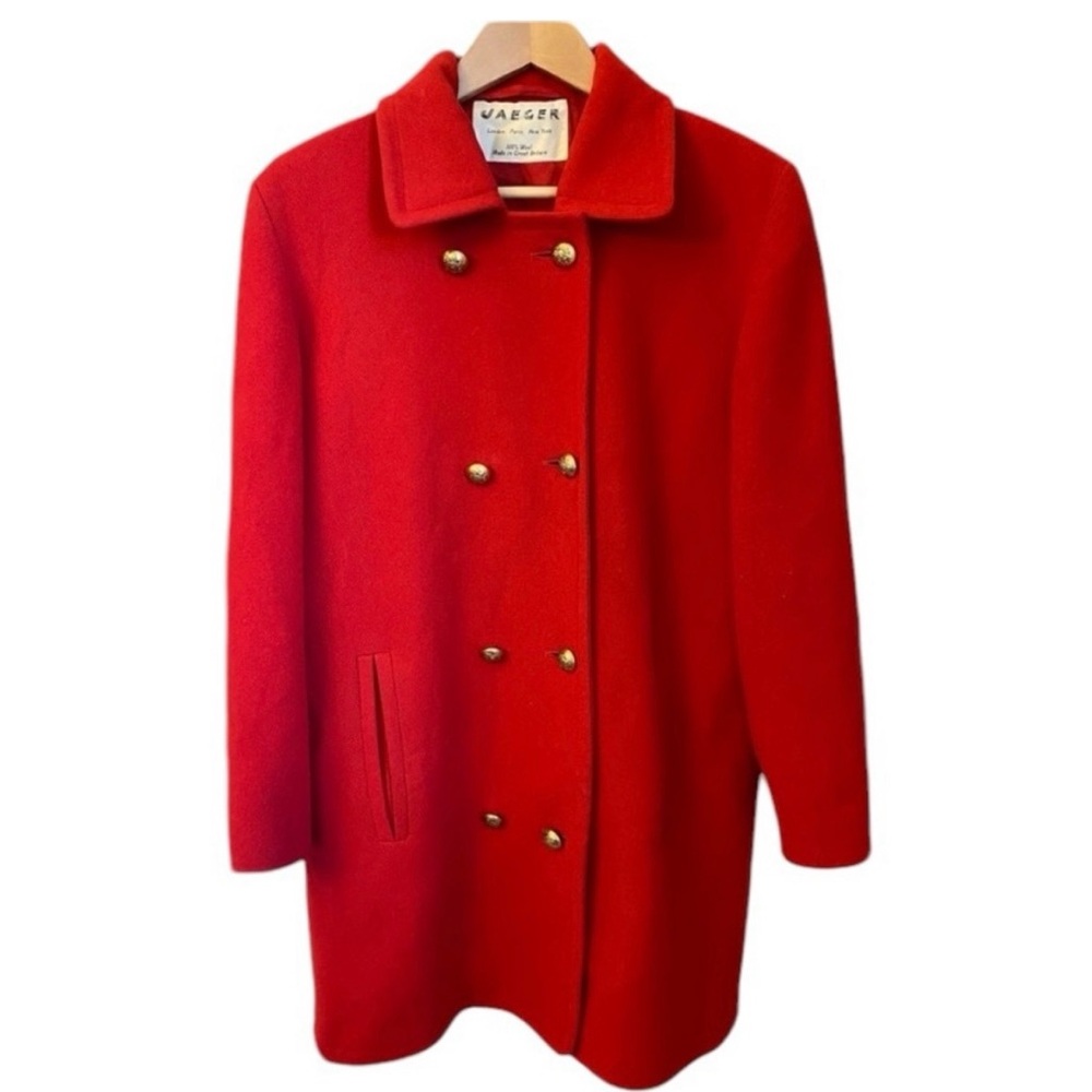 Vintage JAEGER 100% Wool Red Double Breasted
Gold Button Peacoat 10 Jacket